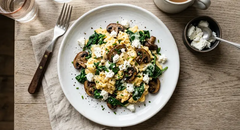 Roerei met spinazie, champignons en geitenkaas