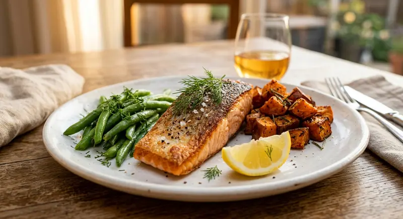 Zalmfilet met gestoomde haricots verts en zoete aardappel