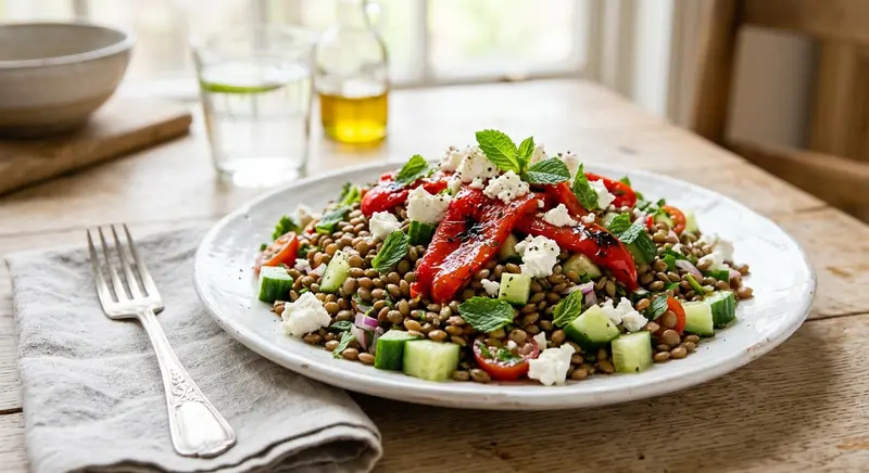 Linzensalade met geroosterde paprika, komkommer en feta