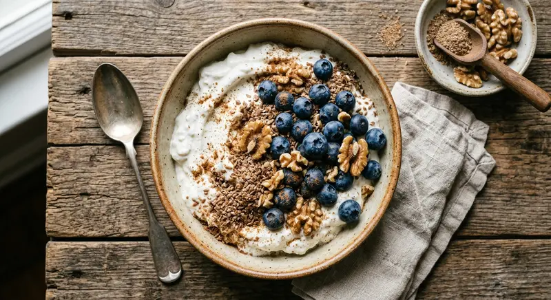 Volle Griekse yoghurt met walnoten, blauwe bessen en lijnzaad
