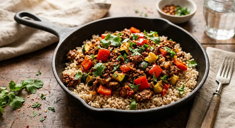 Rundergehakt-roerbak met paprika, courgette en zilvervliesrijst