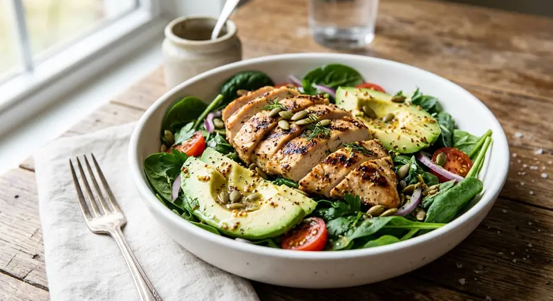 Kipfiletsalade met avocado, spinazie en pompoenpitten