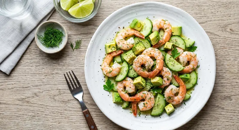 Garnalensalade met komkommer, avocado en dille