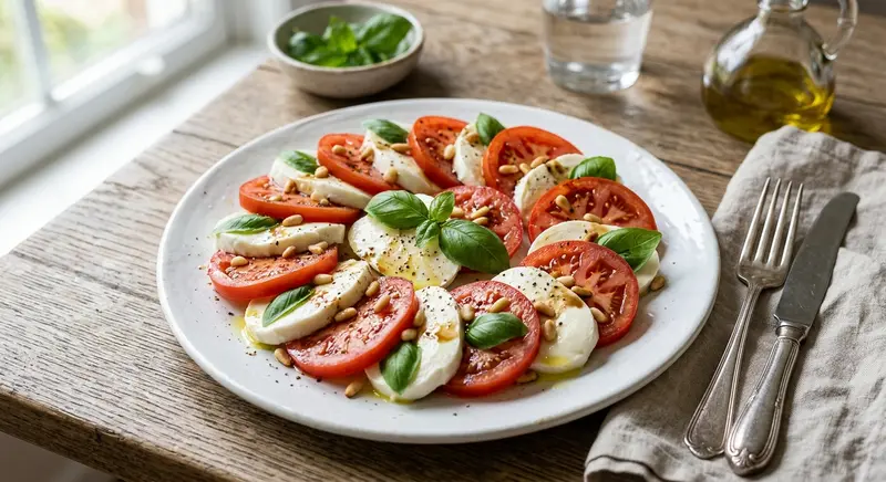 Caprese-salade met mozzarella, tomaat en pijnboompitten