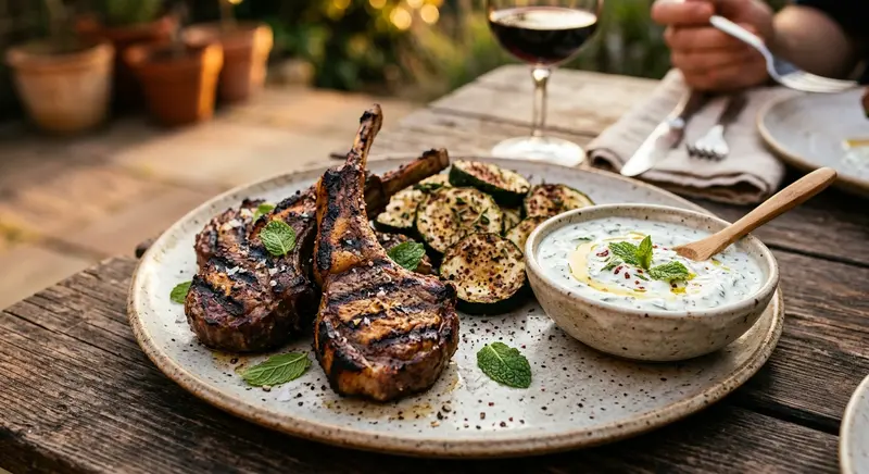Lamskotelet met geroosterde courgette en muntyoghurt