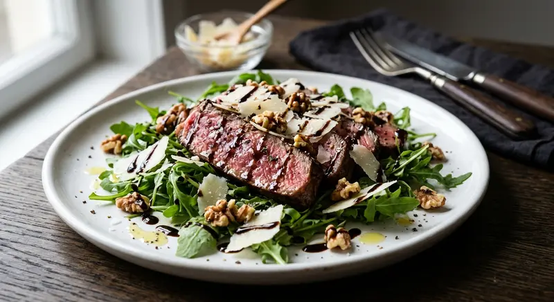 Biefstukreepjes-salade met rucola, parmezaan en walnoot