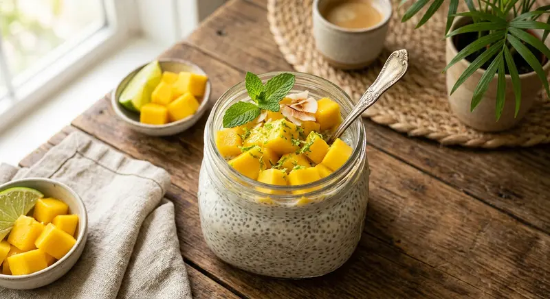 Chiapudding met kokosmelk, mango en limoen