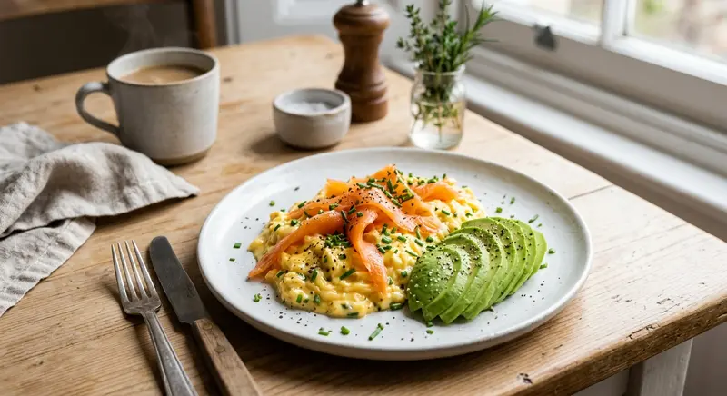 Roerei met gerookte zalm, bieslook en avocado