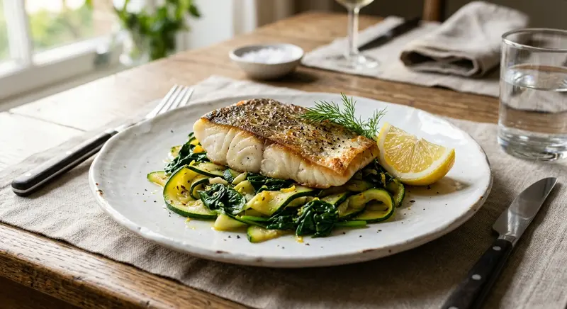 Gebakken kabeljauw met courgette en spinazie