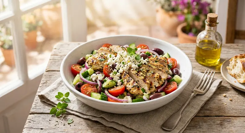 Griekse salade met gegrilde kip en feta