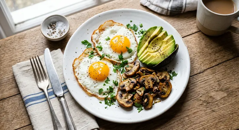 Gebakken eieren met avocado en gebakken champignons