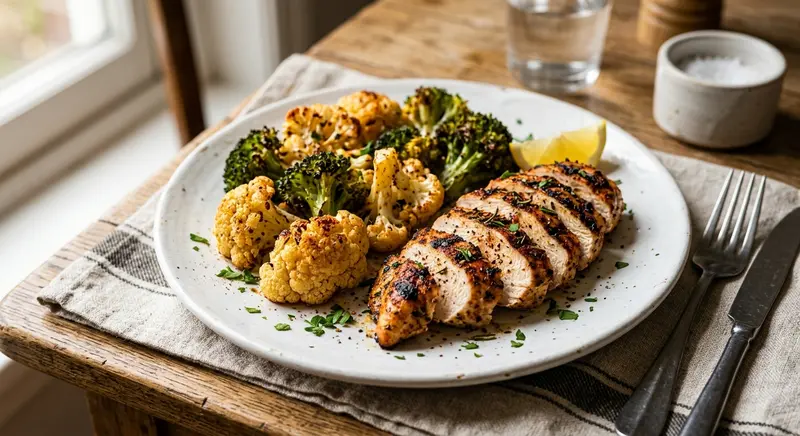 Kipfilet met geroosterde bloemkool en broccoli