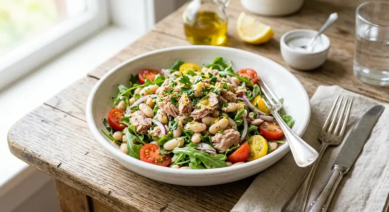 Tonijnsalade met witte bonen en rucola