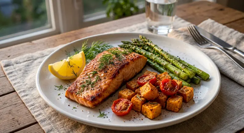 Zalmfilet met groene asperges en zoete aardappel