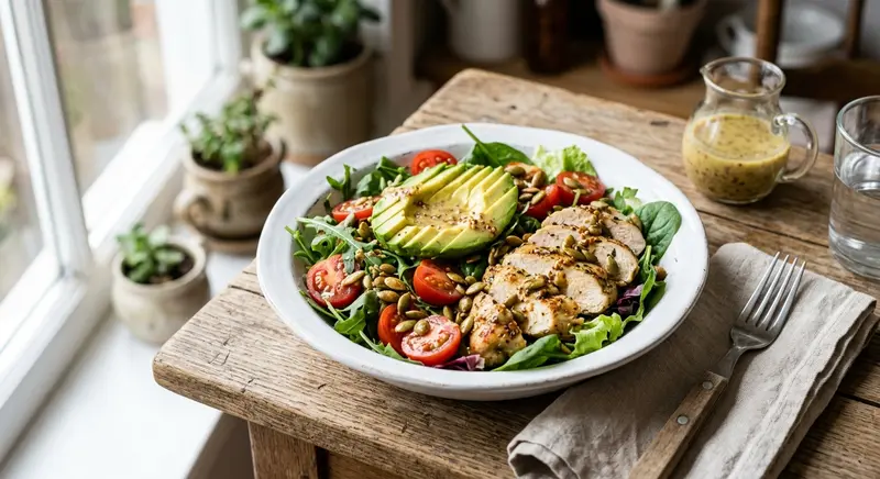 Kipsalade met avocado en pompoenpitten