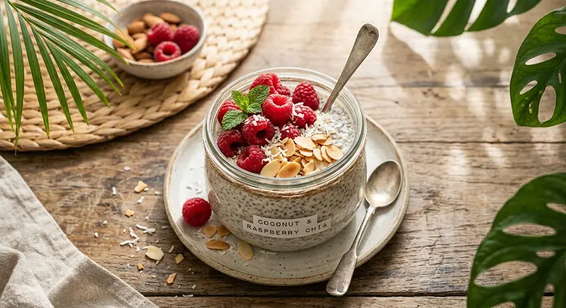 Chiapudding met kokosmelk en frambozen