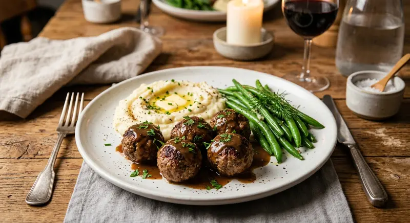 Rundergehaktballen met bloemkoolpuree en sperziebonen