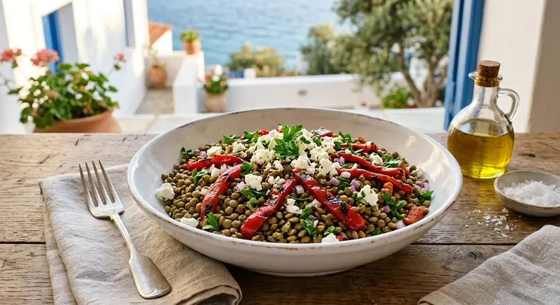 Linzensalade met feta en geroosterde paprika