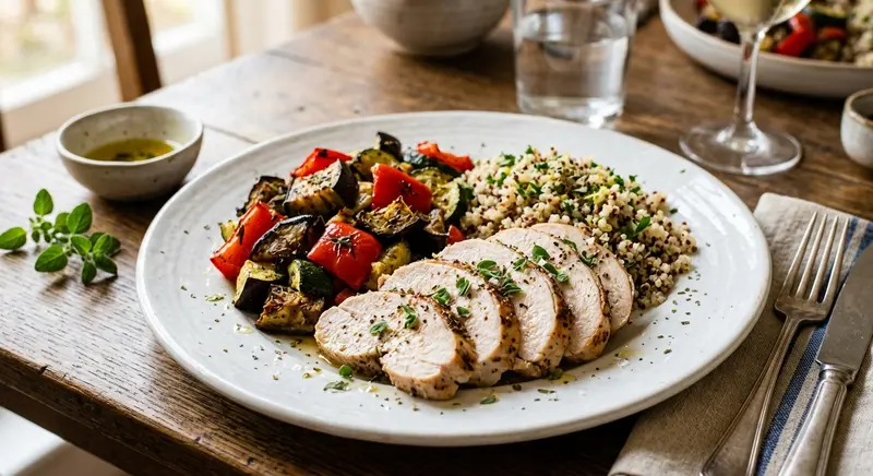 Kalkoenfilet met geroosterde mediterrane groenten en quinoa