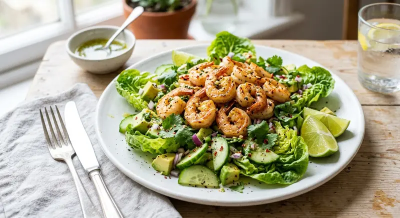 Garnalensalade met avocado en little gem