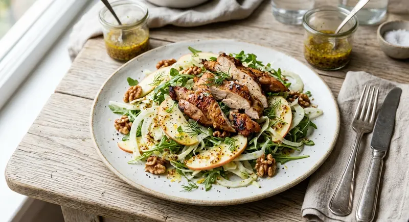 Gerookte kip met venkel-appelsalade en walnoten