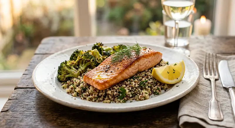 Gebakken zalmfilet met geroosterde broccoli en quinoa