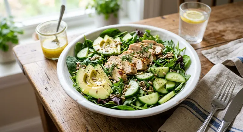 Kipsalade met avocado, komkommer en zonnebloempitten