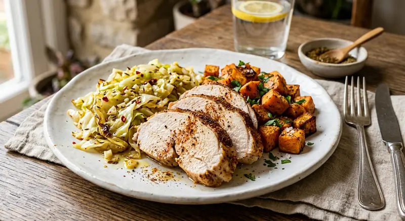 Kalkoenfilet met spitskool en zoete aardappel