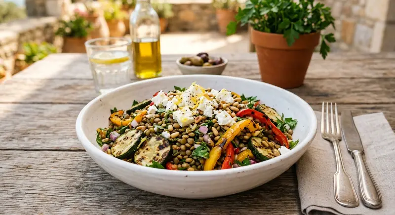 Linzensalade met gegrilde groenten en feta