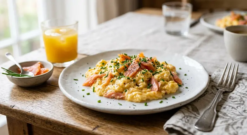 Roerei met gerookte zalm en bieslook