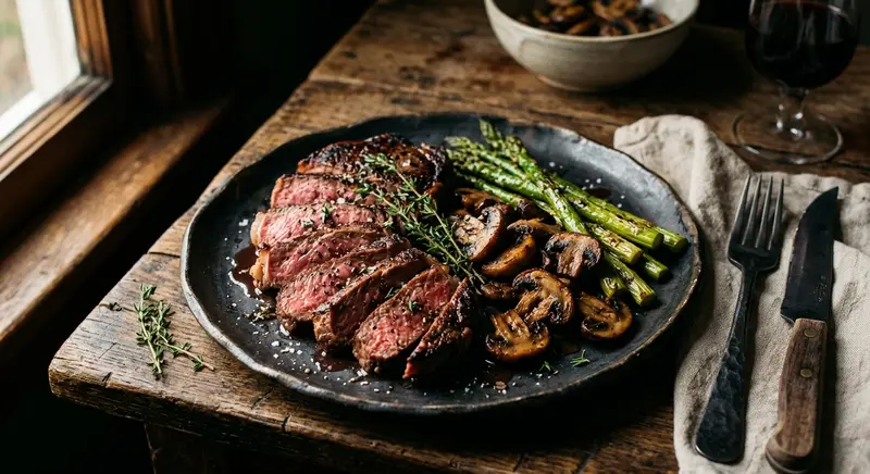 Biefstuk met gebakken champignons en groene asperges