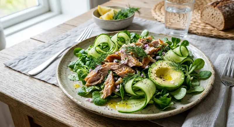 Gerookte makreel met komkommer, avocado en dille