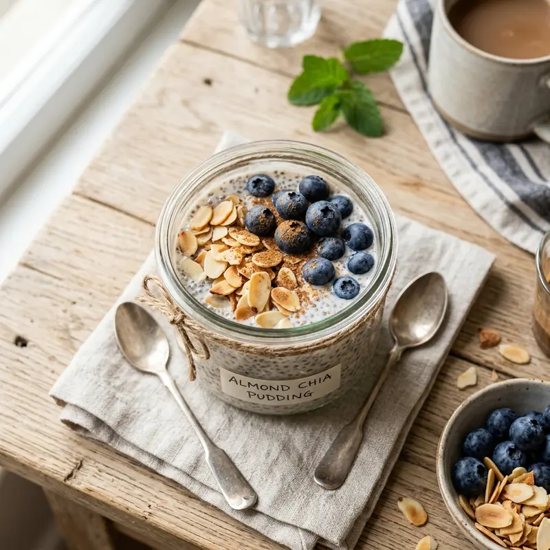 Chiapudding met amandelmelk, kaneel en blauwe bessen
