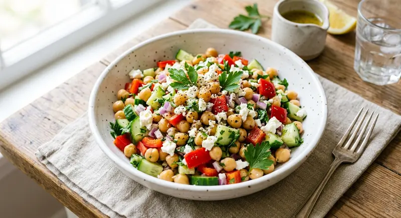 Kikkererwtensalade met paprika, komkommer en feta