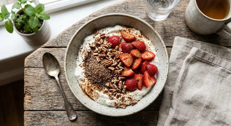 Griekse yoghurt met pecannoten, lijnzaad en aardbeien