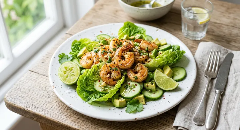 Garnalensalade met avocado, little gem en limoen