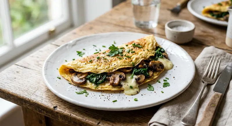 Omelet met champignons, spinazie en geitenkaas