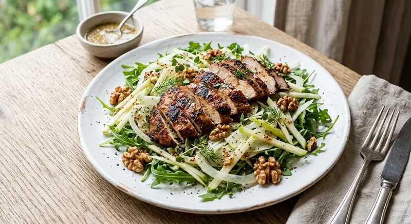 Gerookte kip met venkel-appelsalade en walnoten