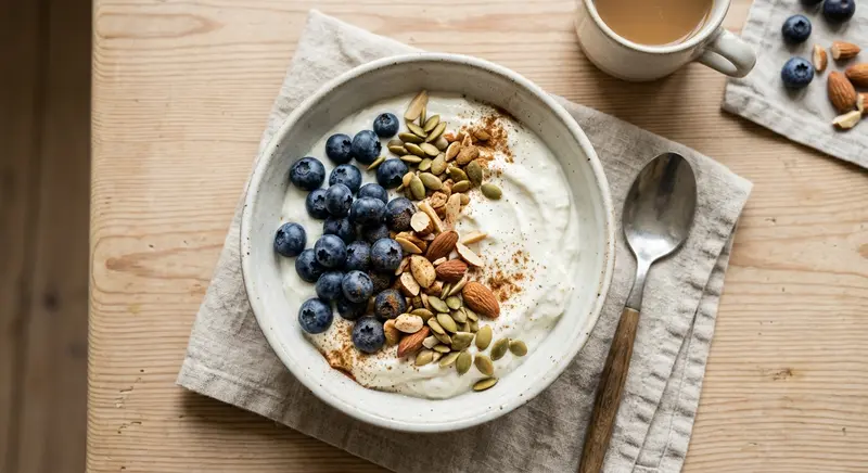 Skyr met amandelen, pompoenpitten en blauwe bessen