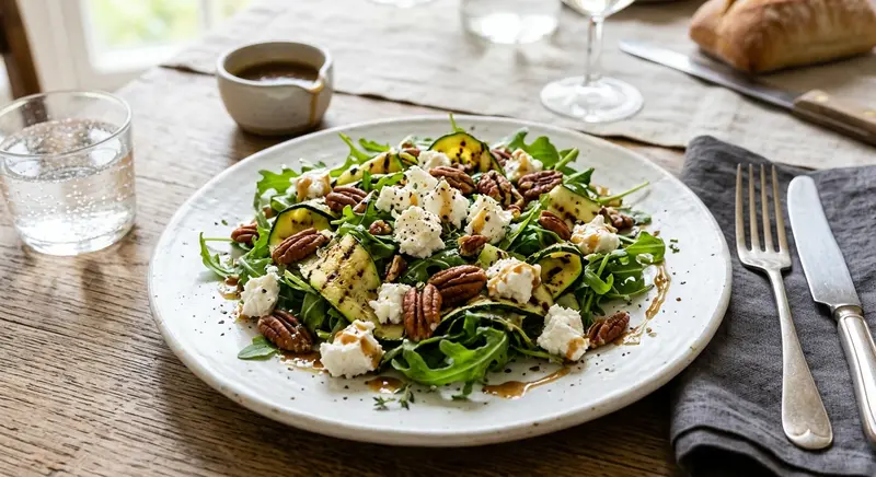 Geitenkaassalade met gegrilde courgette, rucola en pecannoten
