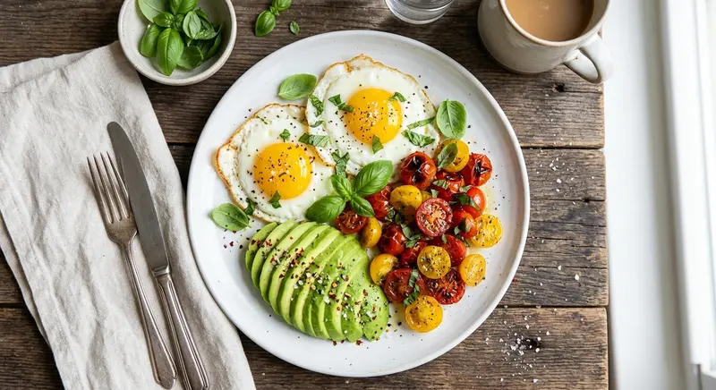 Gebakken eieren met avocado en cherrytomaat