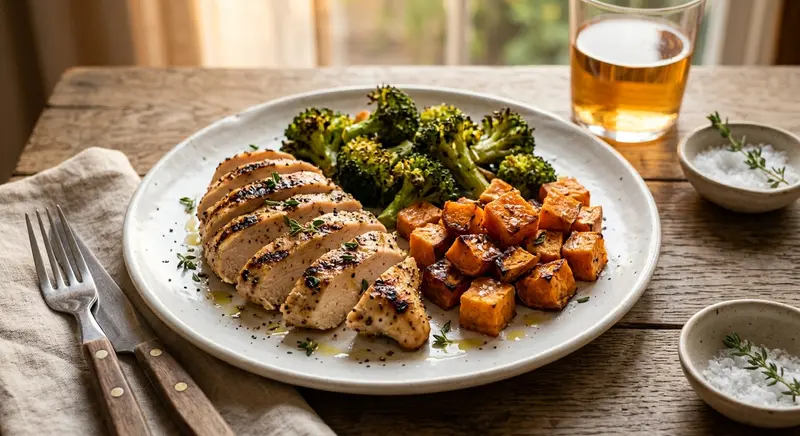 Kipfilet met geroosterde broccoli en zoete aardappel
