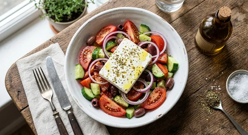 Griekse salade met feta, komkommer en olijven