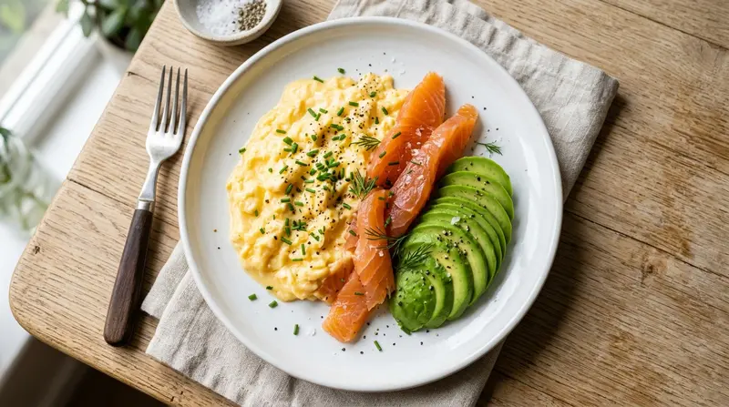 Roerei met gerookte zalm en avocado