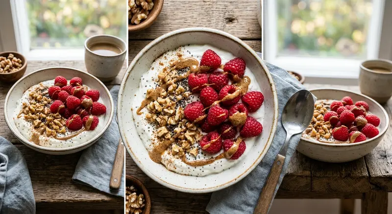 Skyr met walnoten, chiazaad en frambozen