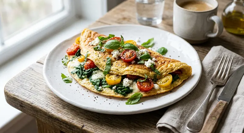 Omelet met spinazie, cherrytomaat en geitenkaas