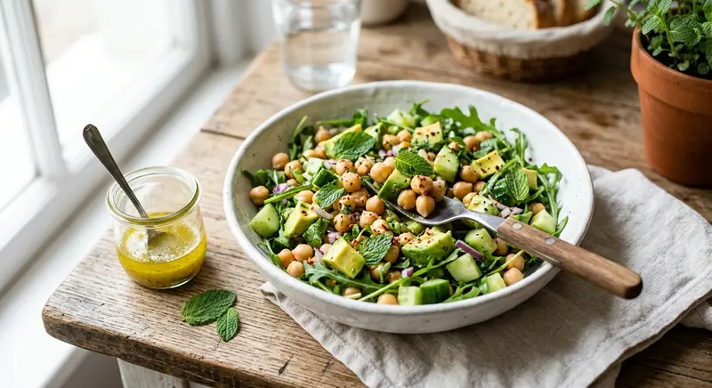 Kikkererwtensalade met avocado, komkommer en munt