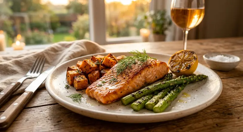 Zalmfilet met gegrilde asperges en zoete aardappel
