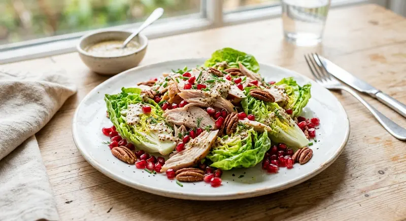 Gerookte kipsalade met little gem, pecannoten en granaatappel
