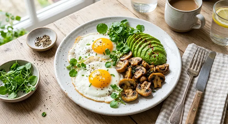 Gebakken eieren met avocado, champignons en tuinkers